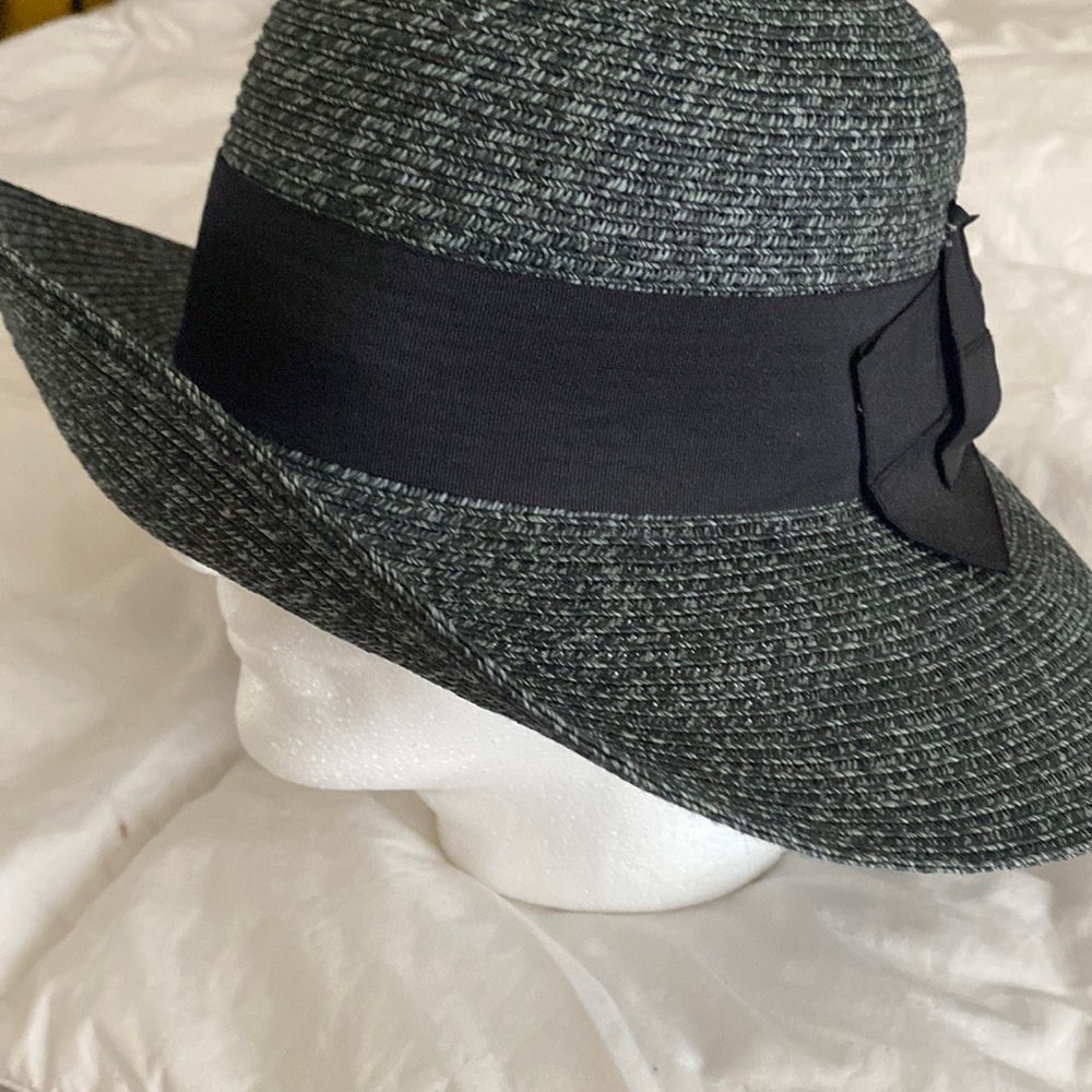 Grey Black Sun Hat wide black bow mid rim 57cm